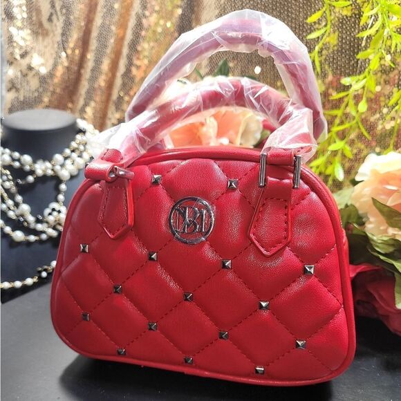 NWT Badgley Mischka Dome Studded & Quilted Convertible Top Handle Bag in Red - Picture 7 of 11